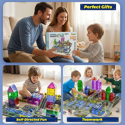 Magnetic Tiles121PCS Magnet Tiles Road Set with Pullback Cars for 3+ year old BoysMagnetic Toys for Kids Ages 4-8 with ShipAirplaneTraffic SignSTEM Classroom Educational Birthday Gifts Toys