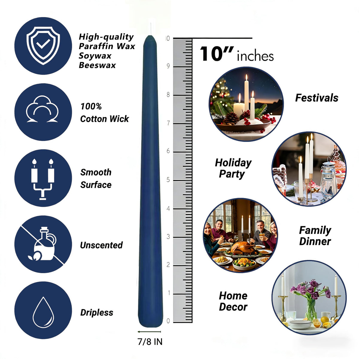 Navy Blue Taper Candles for Home Decoration, 20 Pack 10 Inch Unscented Dripless Candlesticks for Dinner Party