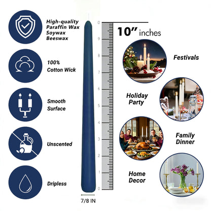 Navy Blue Taper Candles for Home Decoration, 20 Pack 10 Inch Unscented Dripless Candlesticks for Dinner Party