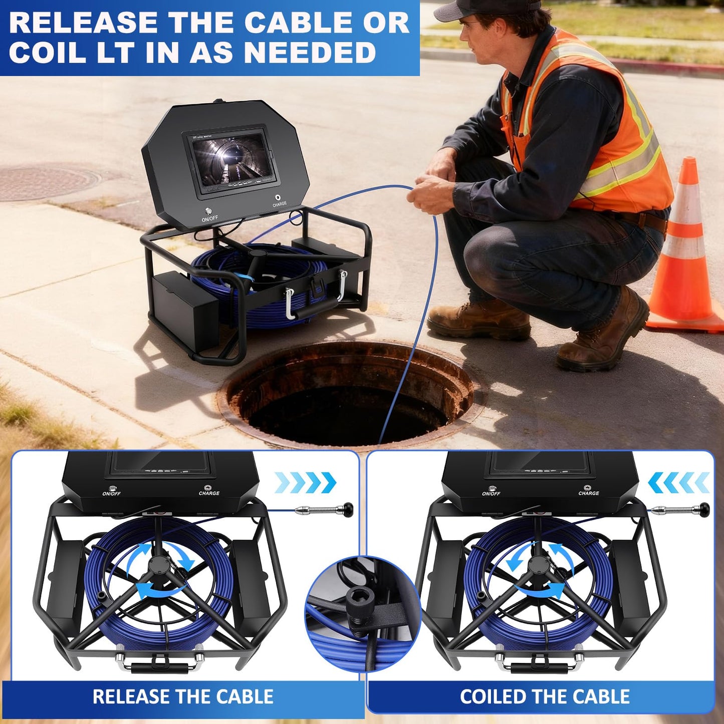 7" Sewer Camera w/DVR Function,HD 1080P Screen Plumbing Drain Pipe Inspection Cam, Industrial Borescope Camera w/light,4x Zoom,IP68 Waterproof, 32GB Card, for Sewer Line, Home,Duct Drain Pipe Plumbing
