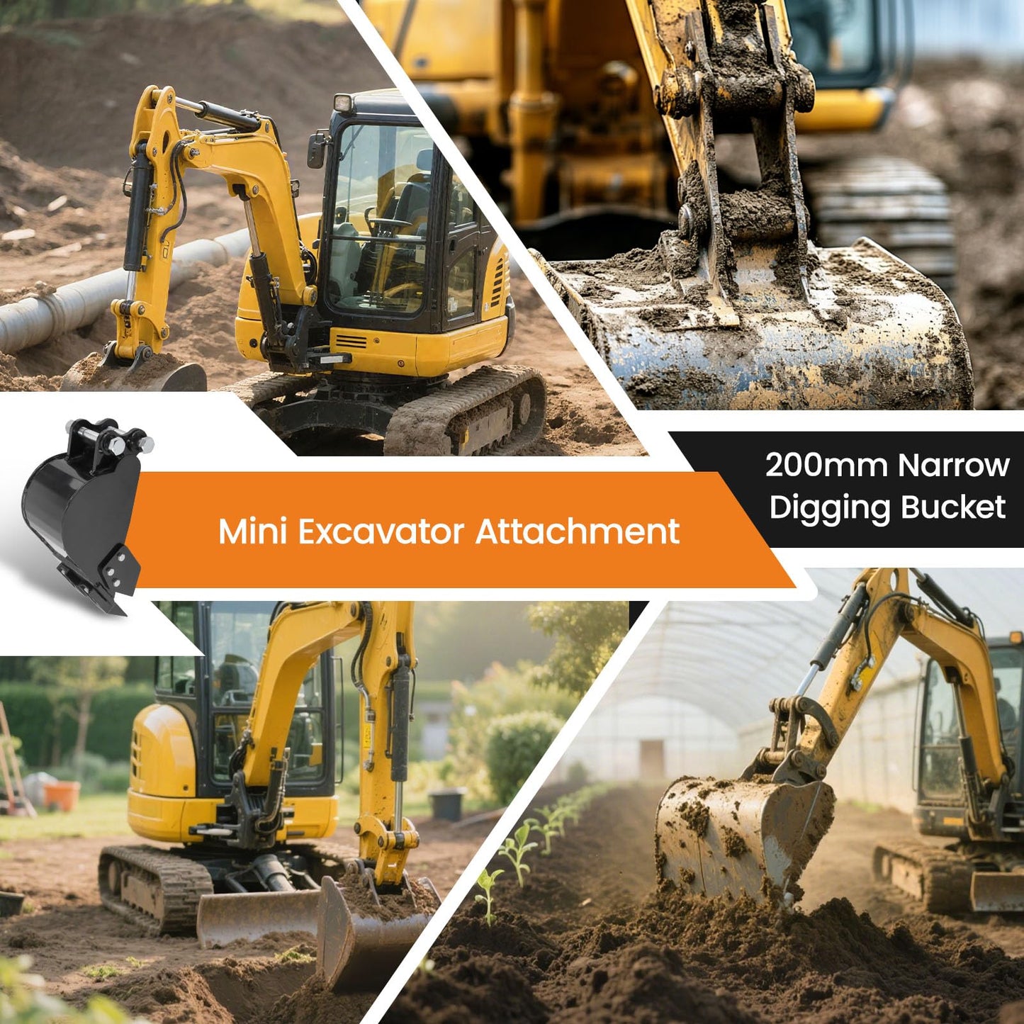 maXpeedingrods Mini Excavator Bucket, 7.87" Narrow Digging Bucket, Hole Diameter 0.98in, 200mm Excavator Attachments Bucket Metal Trenching Digger with Metal Teeth