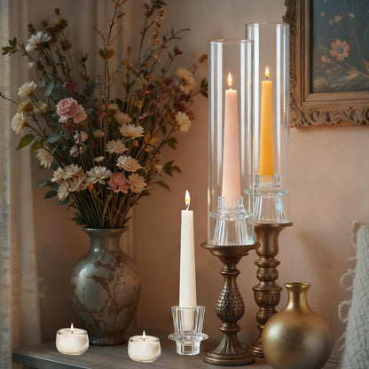 12 Set Glass Hurricane Candle Holders - 12" Tall Clear Glass Candlestick Holders for Taper Candles with Cylinder Chimney for Wedding, Party, and Home Table Centerpiece Decoration