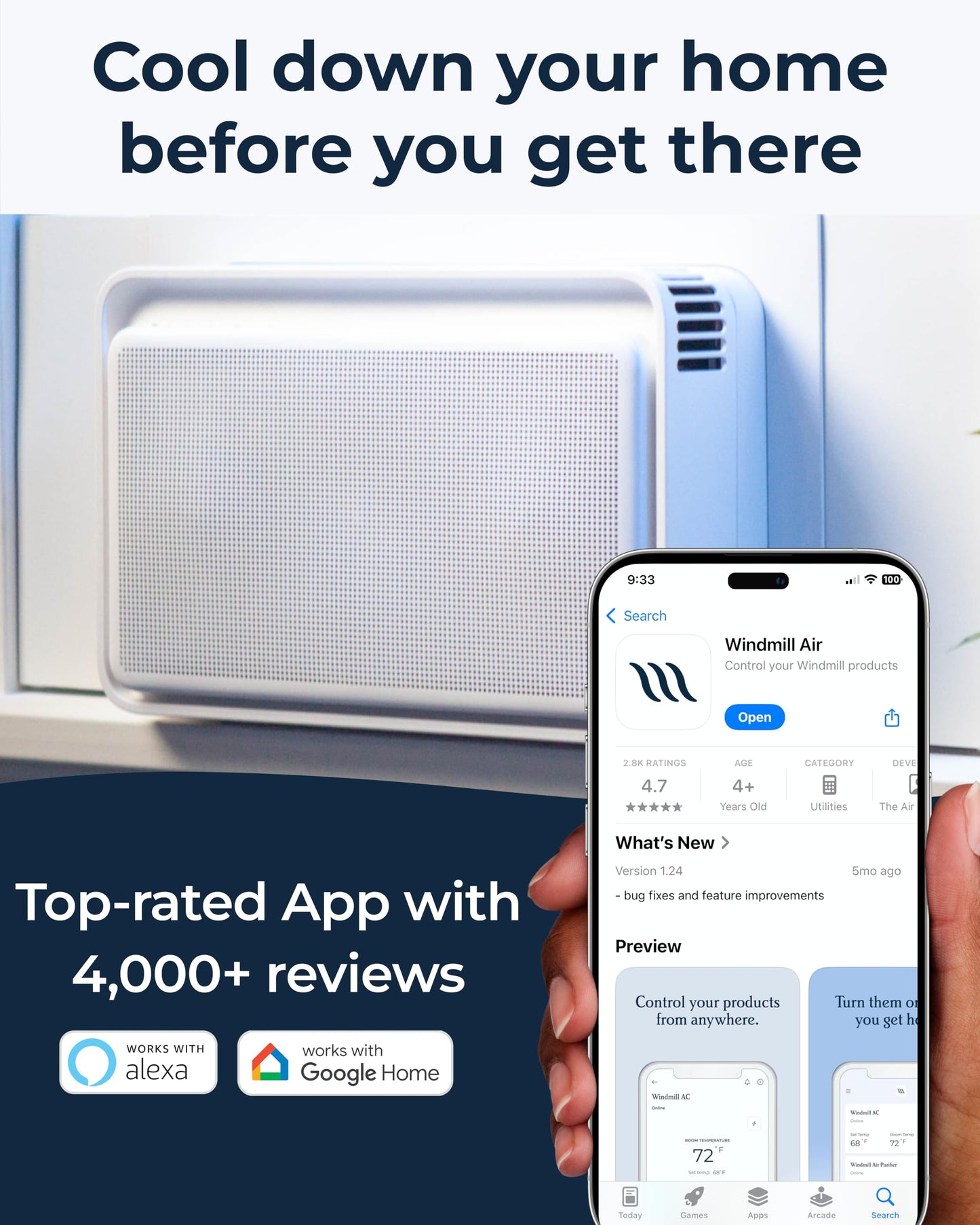 Windmill Window Air Conditioner - Quiet & Smart. Easy Install, Voice-Enabled, Remote & App Control AC Unit - 12,000 BTU Inverter w/WhisperTech