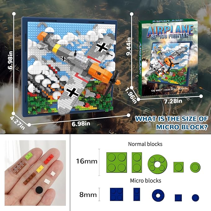 Military Plane 3D Wall Art Micro Mini Building Blocks Set WW2 BF-109 Fighter Jet Wall Decor or Table Display No Compatible with Lego Great Army Airplane Toy Gift for Adults Teens 14+ (1320 PCS)