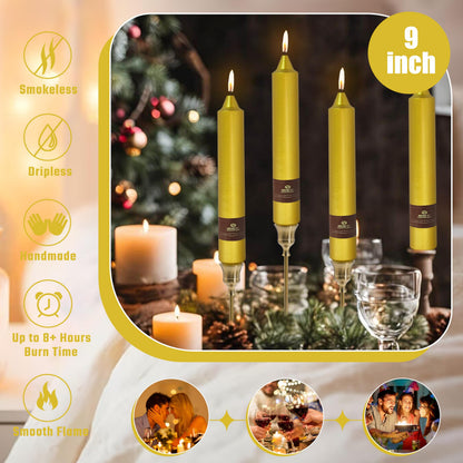 Christmas Metallic Gold Candle 9 Inch Tall Smokeless Taper Candles 4 Pack Unscented Dinner Candle for Christmas Dinner