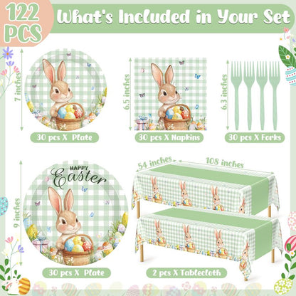 122 Pcs Easter Plates and Napkins Set, Disposable Bunny Eggs Dinnerware Easter Decorations, Sage Green Paper Plates, Napkins, Fork and Tablecloth for Spring Celebrations Party Favors, Serve 30 Guests