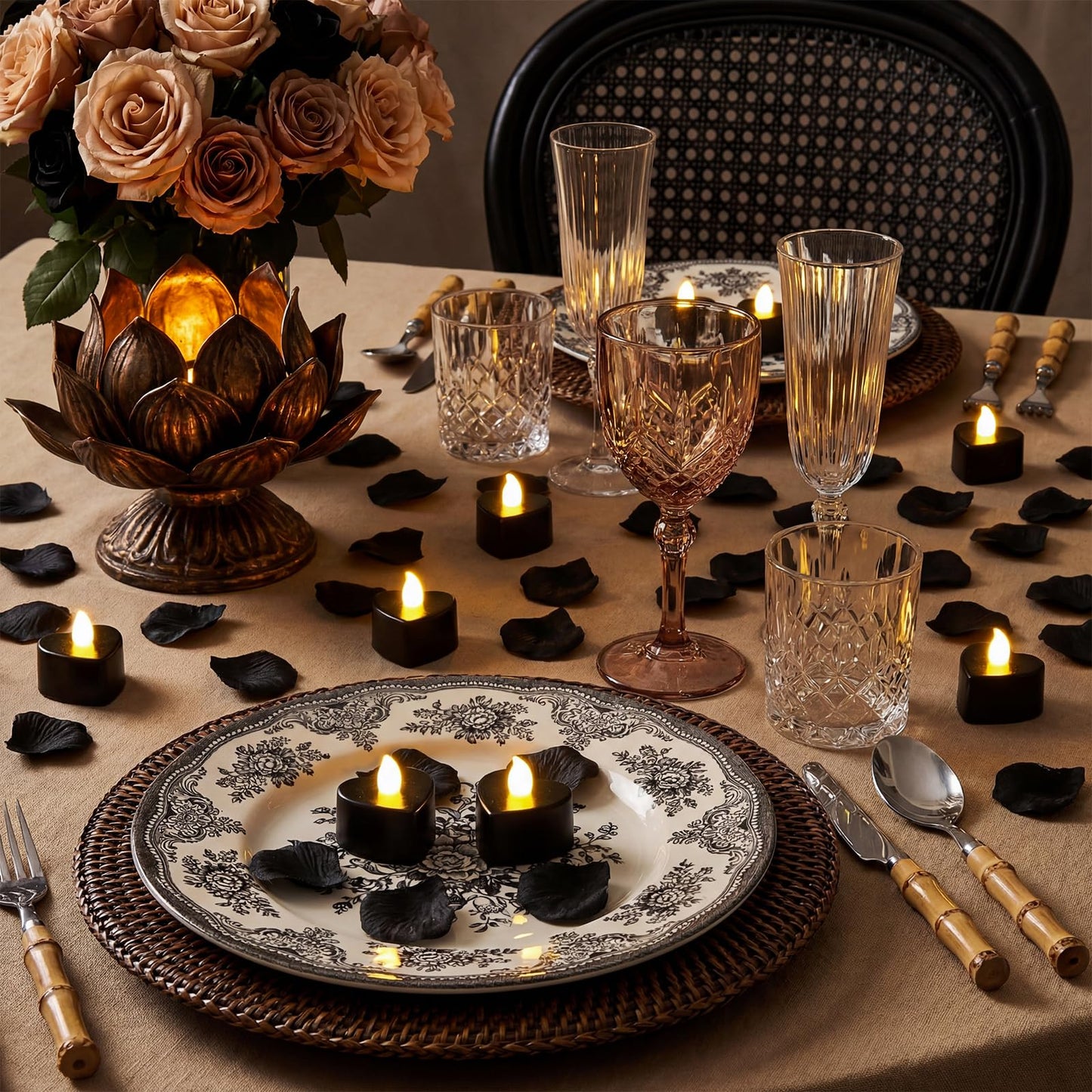 Coume 6000 Pieces Artificial Rose Petal 72 Pieces LED Tealights Candle, Romantic Decorations Special Night Rose Petal Heart Candle for Valentines Wedding Anniversary Proposal Decor(Balck)