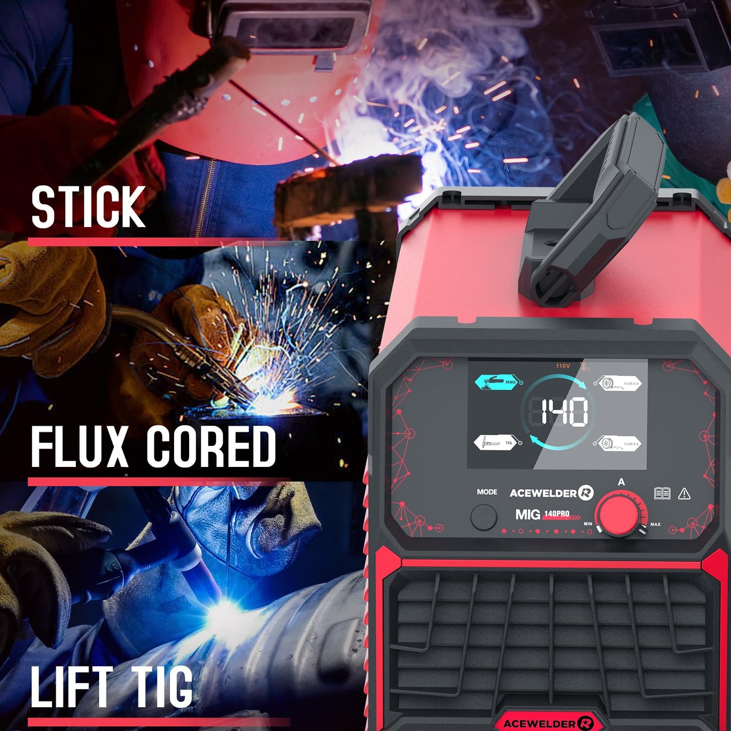 ACEWELDER 140A MIG Welder, 3 in 1 Flux Core, MIG/LIFT TIG/Stick Welding Machine 110V Portable IGBT Inverter Synergic Control, LED Display with Welding Helmet