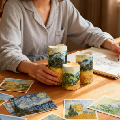 NjaoHoo Flameless Candles 4" 5" 6" Set of 3 Indoor Outdoor Pillars Battery Operated Flickering Candles 10-Key Remote Timer Van Gogh Art Painting Style(Wheat Fields Printed)