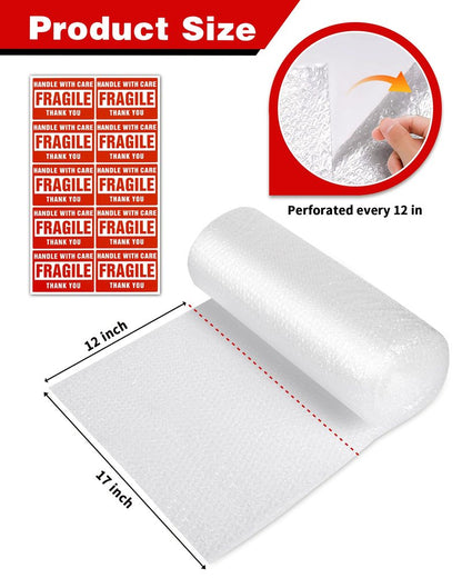 2-Pack Bubble Cushioning Wrap Rolls, 3/16" x 17" x 72' ft Total, Perforated 12" 20 Fragile Stickers for Shipping, Packaging, Mailing