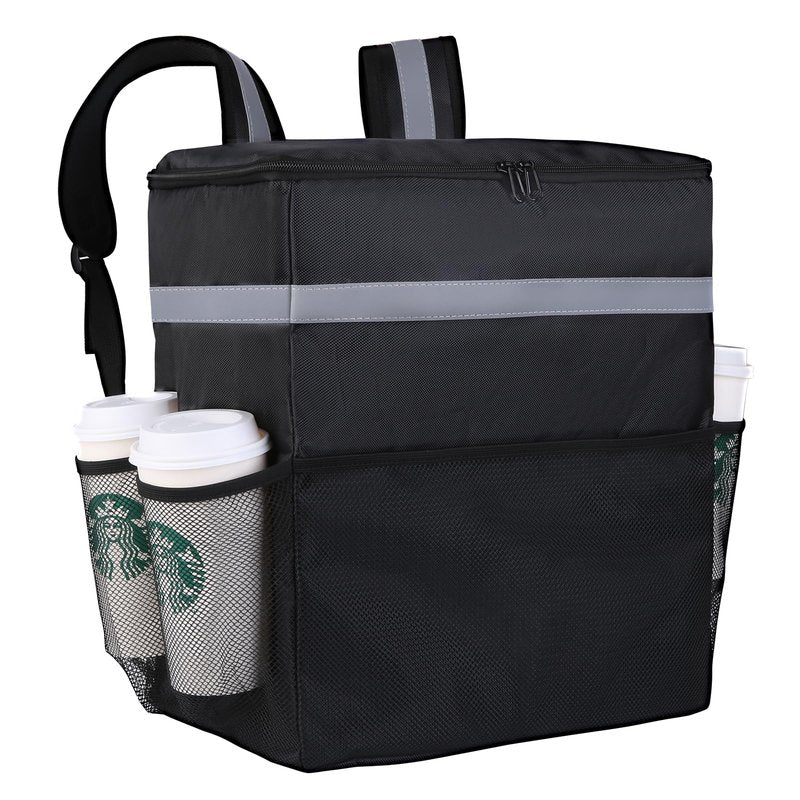 CIVJET Insulated Food Delivery Backpack with 4 Cup Holder, Cooler Bags, Insulated Food Delivery Bag for Hot/Cold Food for Bike, Insulated Reusable Grocery Shopping Backpack for（Black）