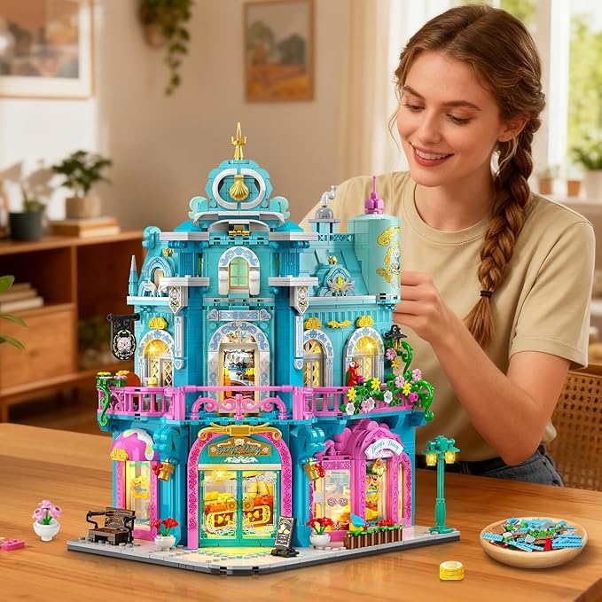 Castle Dairy Bakery Store Building Set with Light Easter 1689 PCS City House Building Block Toy with Milk Cake Bread Home Decor Construction Model Kit for Adults Kids Boys Girls Ages 12+