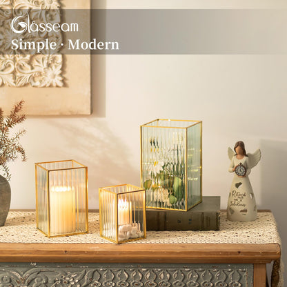 Glasseam Hurricane Glass Candle Holder: Ribbed Gold Pillar Candle Holders Set of 3 Square Metal Candle Holders for Table Centerpiece Modern Small Lanterns Decorative Indoor for Christmas Wedding Decor