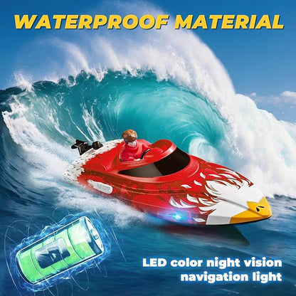 25KMH RC Remote Control Boat with LED Lights Self-Righting Low Battery Alert 2.4GHz with 800 mAh Lithium battery Waterproof Electric Fast Speed Boat for Pool &amp Lake Toy for Boys Girls Red
