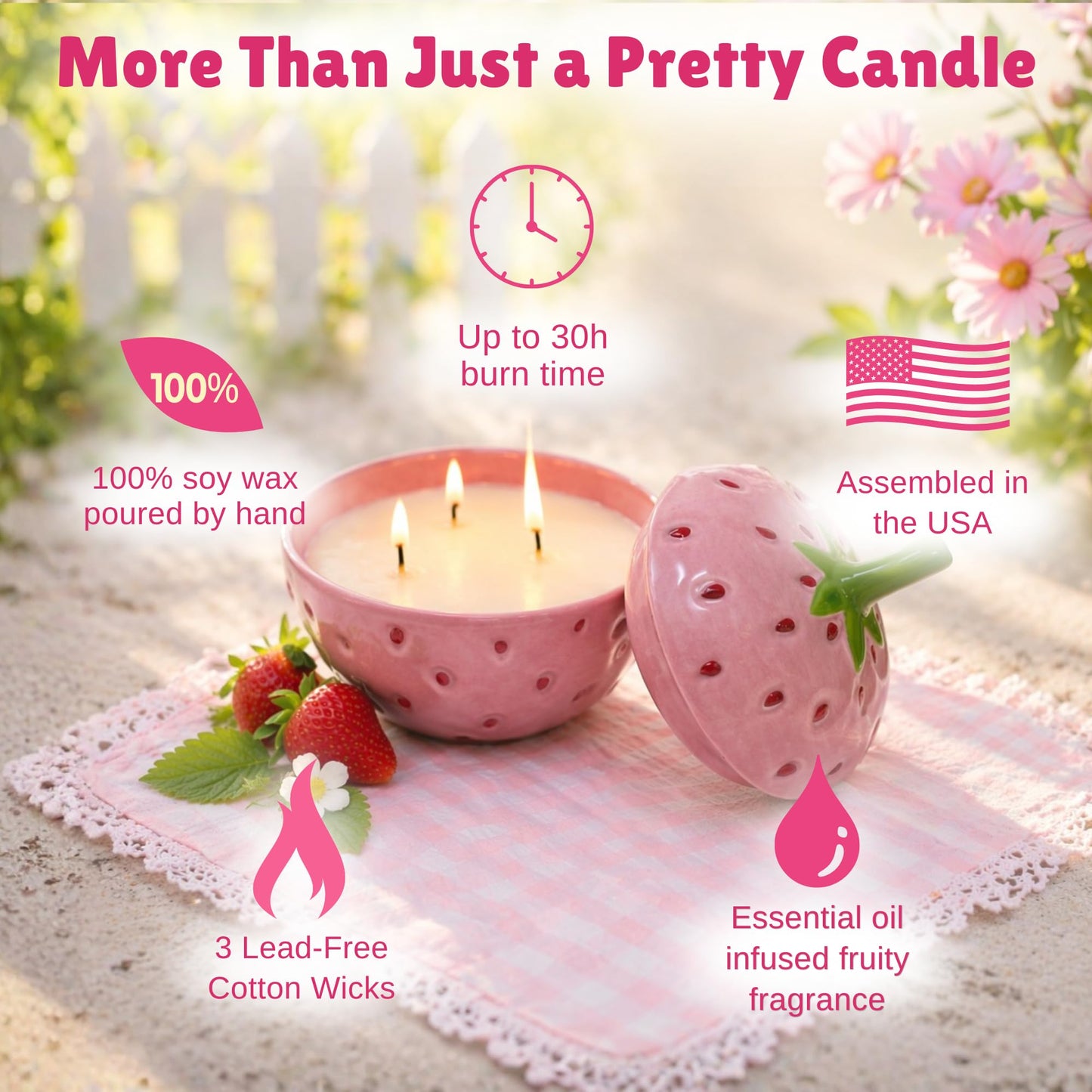 Lily Ladue Strawberry Candle - 5x5.5 3 Wick Scented Candles, 100% Soy Wax, Long Burning Highly Scented Fruity Aromatherapy, Berry Fresh Cute Whimsical Pink Room Decor, Small Strawberry Gifts for Home