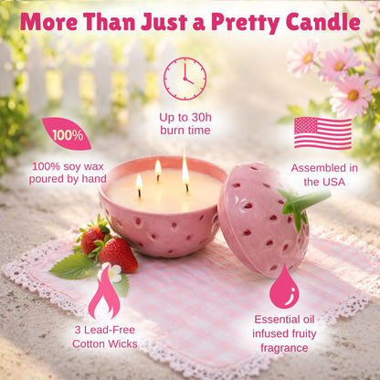 Lily Ladue Strawberry Candle - 5x5.5 3 Wick Scented Candles, 100% Soy Wax, Long Burning Highly Scented Fruity Aromatherapy, Berry Fresh Cute Whimsical Pink Room Decor, Small Strawberry Gifts for Home