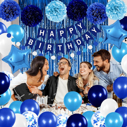 Iysoll Blue Birthday Party Decorations for Boys Men Happy Birthday Banner Balloons Navy Royal Light Blue Pom Poms Foil Curtain Décor Party Decorations for Baby Boy
