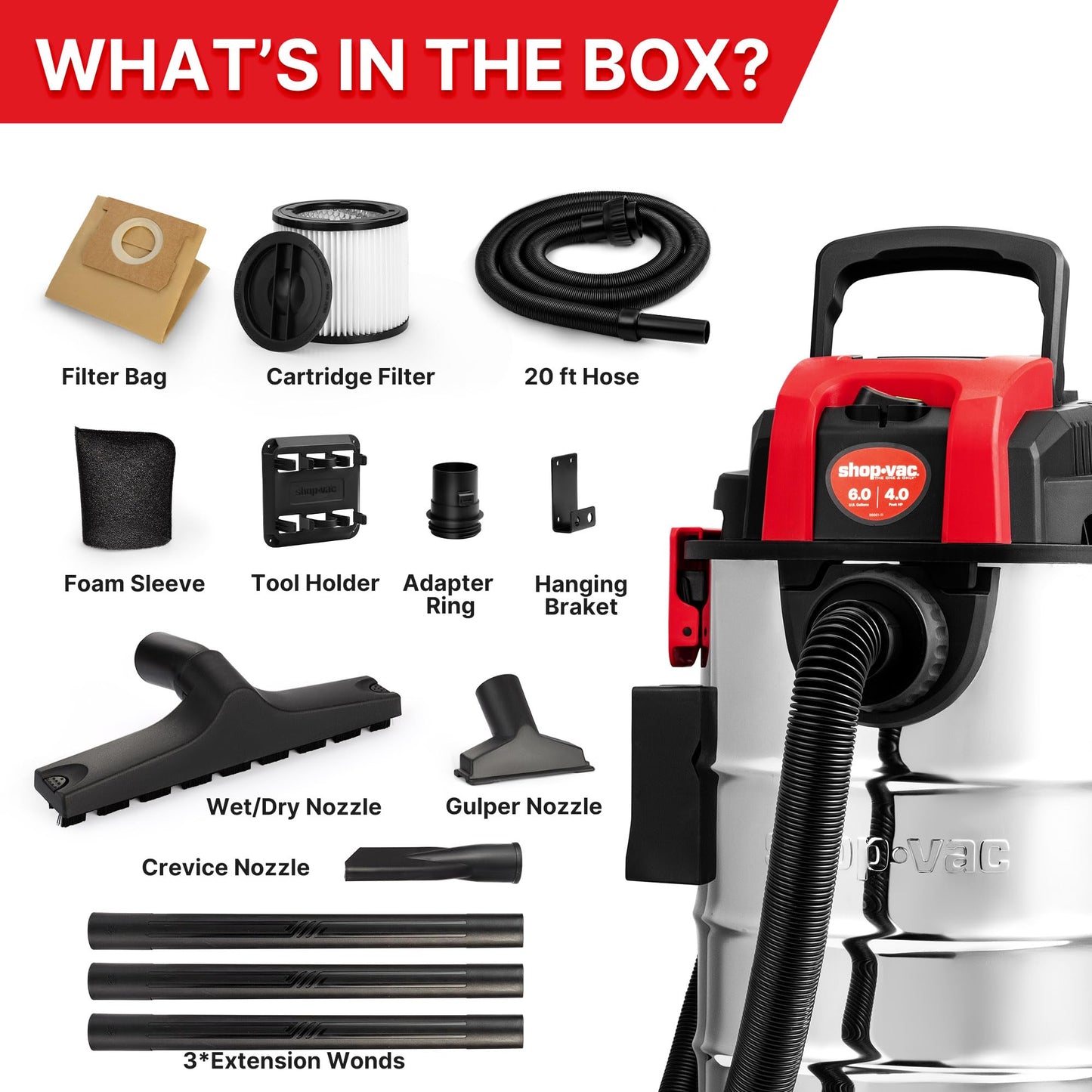 Shop-Vac 6 Gallon 4.0 Peak HP Wet/Dry Vacuum, Wall Mountable Compact Shop Vacuum with Up to 20 ft Extra Long Hose & Accessories - Ideal for Jobsite, Garages, Car & Workshops