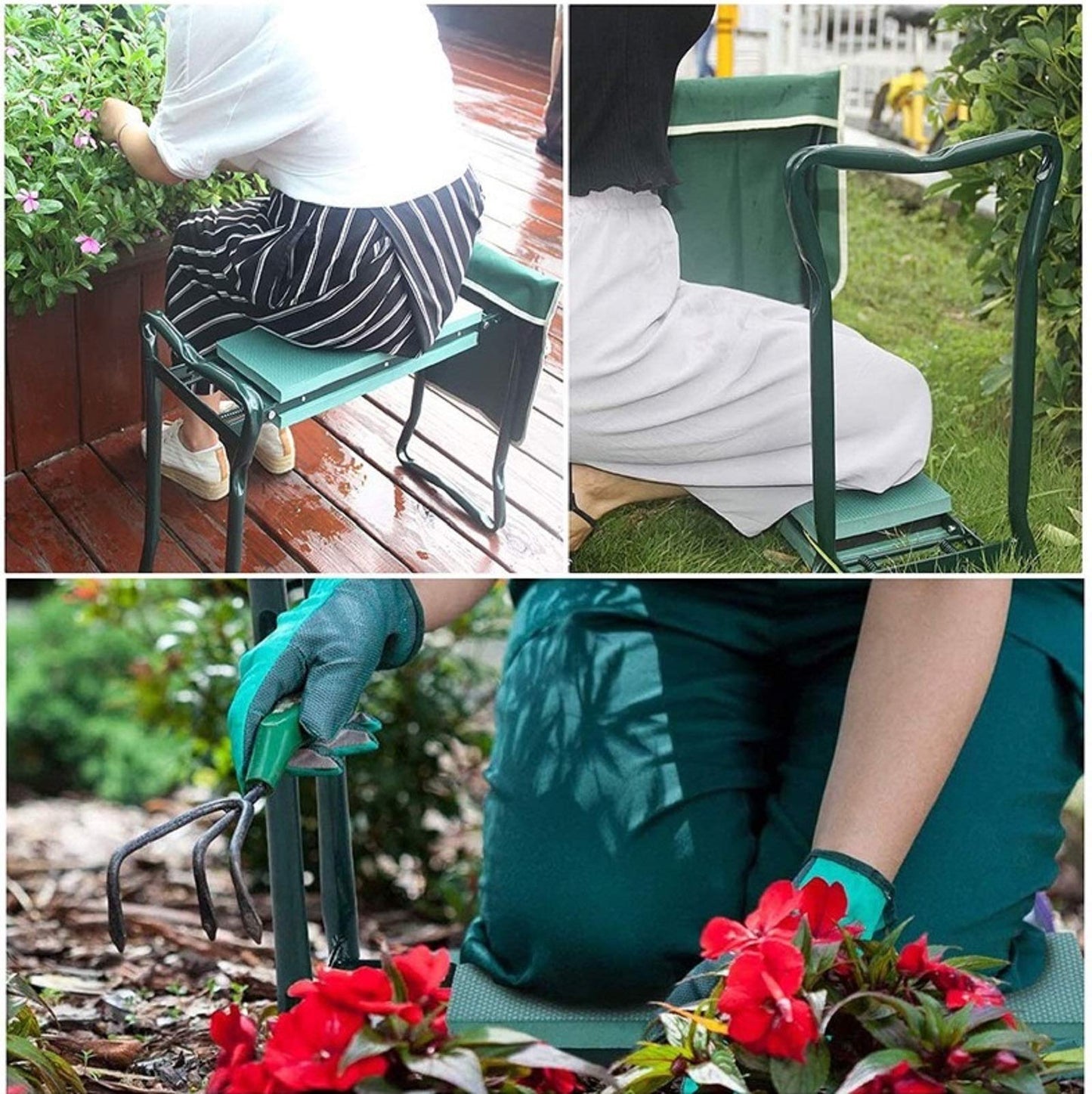 FIAMER Garden Kneeler Seat Folding Stool Work Seat Flower Planting Grass Belt Tool Bag Camping Outdoor Portable Garden Stool with 1 Bonus Tool Pouches (23.5"x19.3", Green)