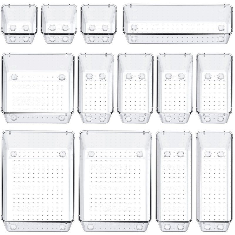 SMARTAKE 13-Piece Drawer Organizers with Non-Slip Silicone Pads, 5-Size Desk Bathroom Drawer Organizer Trays Storage Tray for Makeup, Jewelries, Utensils in Bedroom Dresser, Office and Kitchen, Clear