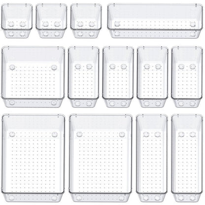SMARTAKE 13-Piece Drawer Organizers with Non-Slip Silicone Pads, 5-Size Desk Bathroom Drawer Organizer Trays Storage Tray for Makeup, Jewelries, Utensils in Bedroom Dresser, Office and Kitchen, Clear