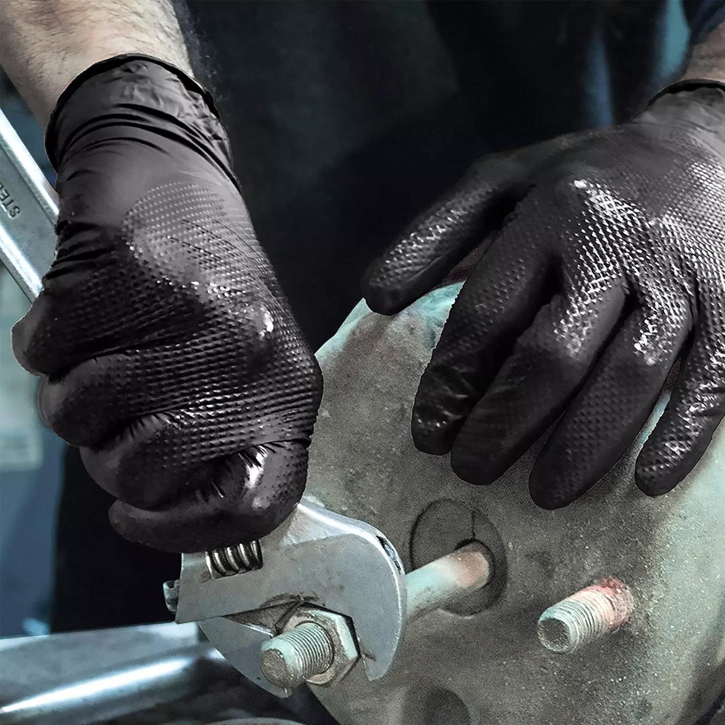TitanFlex Heavy Duty Black Industrial Nitrile Gloves, 8-mil, XL, Box of 100, Latex Free, Raised Diamond Texture, Powder Free, Food Safe, Rubber Gloves, Mechanic Gloves