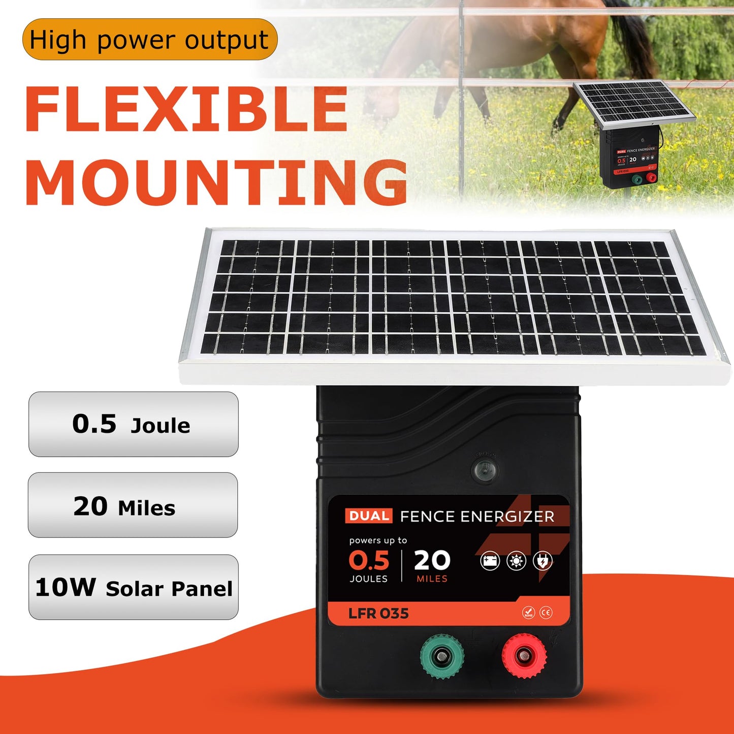 20 Miles Solar Electric Fence Charger, 0.5 Joule Portable Solar Fence Charger, Solar Electric Fence Kit, with 10W Solar Panel