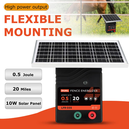 20 Miles Solar Electric Fence Charger, 0.5 Joule Portable Solar Fence Charger, Solar Electric Fence Kit, with 10W Solar Panel