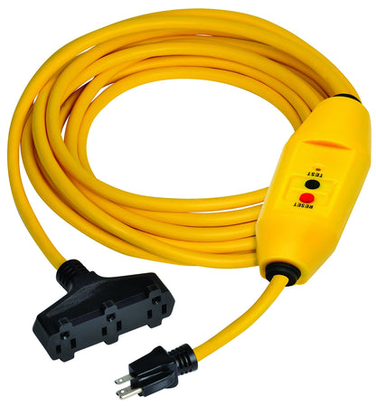 Tower Manufacturing 30438306-01 Auto-Reset 15 AMP Inline GFCI Triple Tap Cord, 100 Feet, Yellow