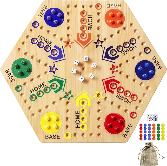 Wooden Board Game Original Marble Game Double Sided Painted 2 to 6 Player Fast Track Board Game Wooden with 6 Colors 24 Marbles 6 Dice for Adults Kids Family(15 INCH)