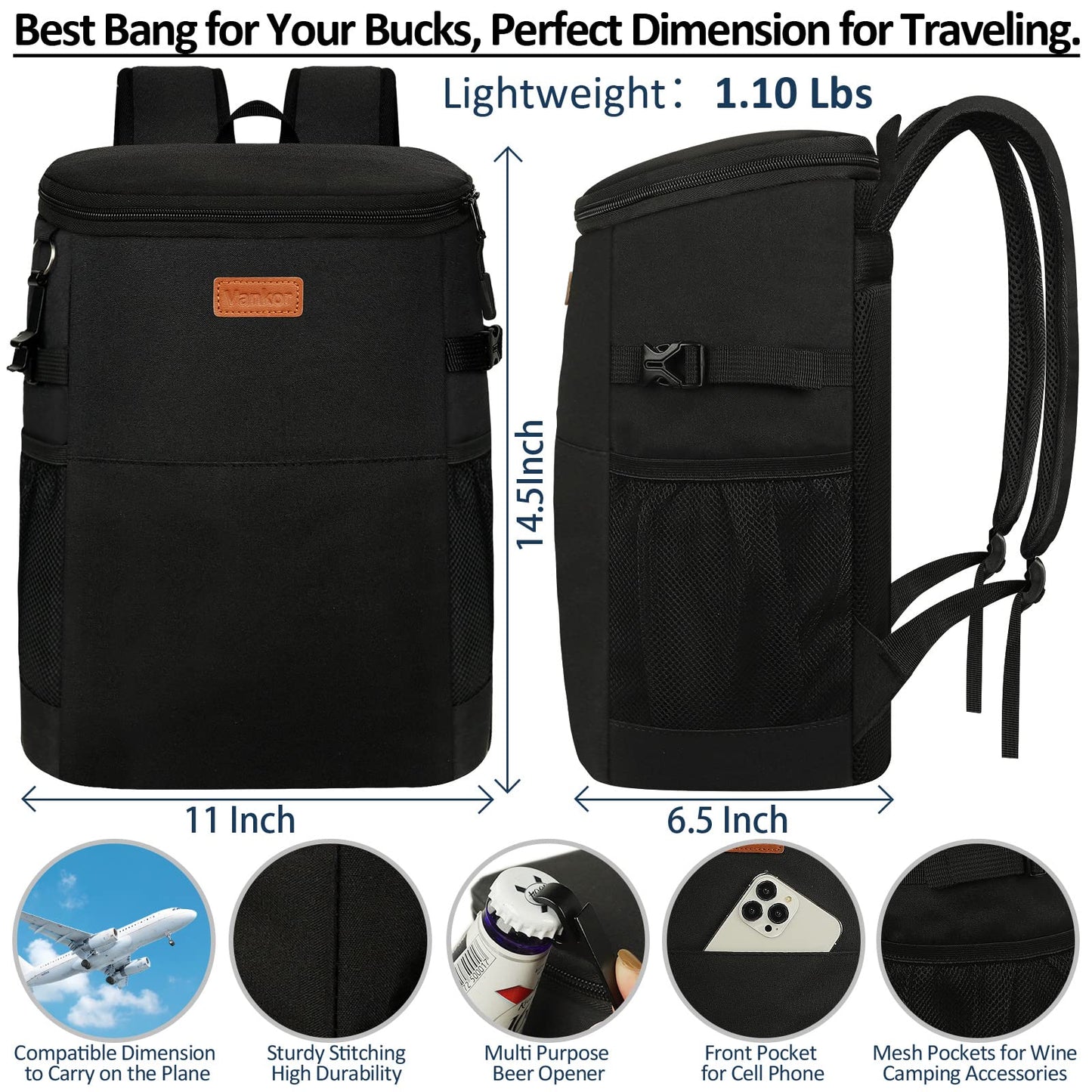 Camping Cooler Backpack 30 Cans, Soft Backpack Coolers Insulated Leak Proof Travel Cooler Bag Waterproof Lunch Picnic Beach Work Trip Thermal Bag Drink Beverage Beer Cooler Black