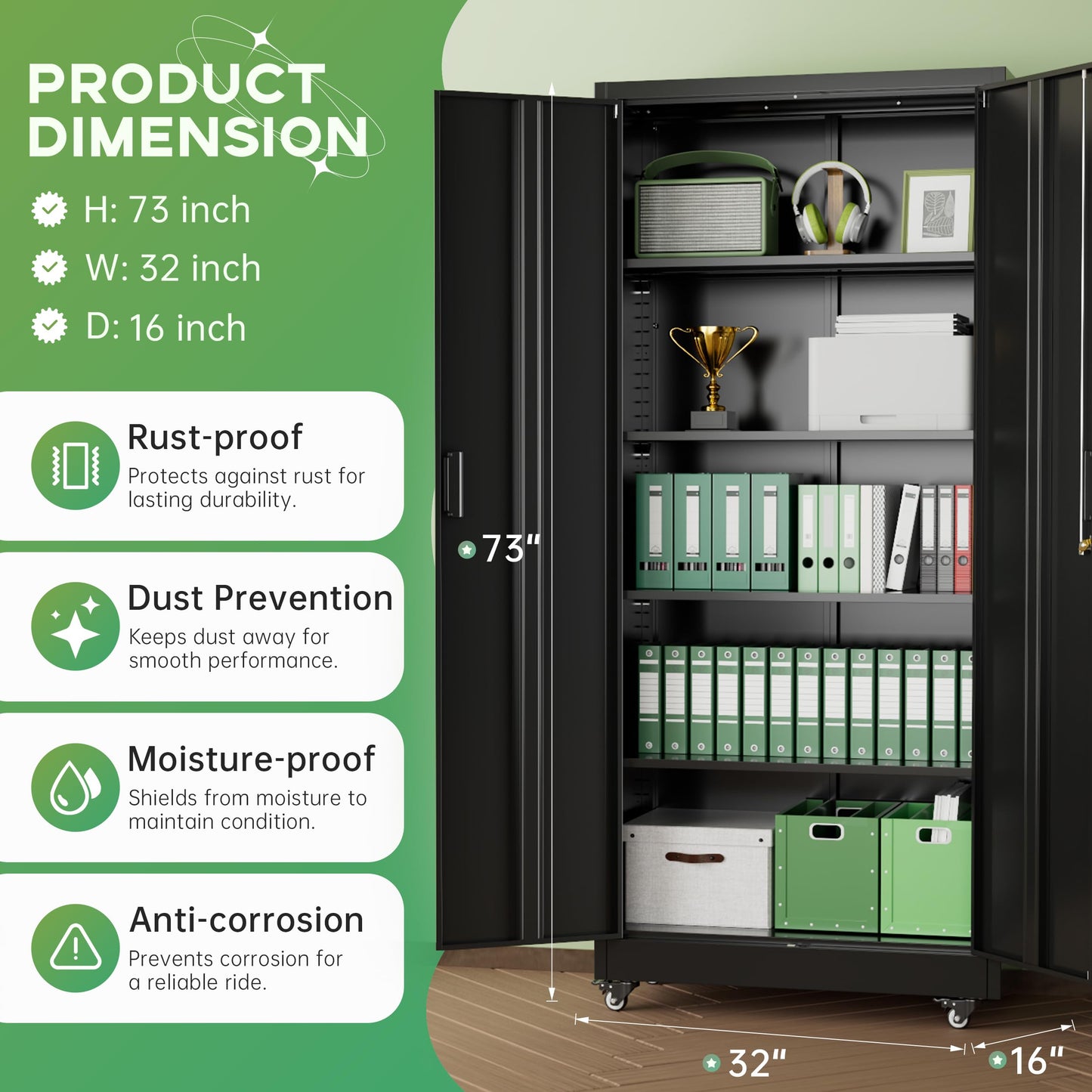 INTERGREAT Metal Storage Cabinet with Wheels, 73" H Rolling Metal Cabinets with Doors and Shelves, Black Steel Lockable Cabinet on Wheels for Garage Storage