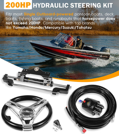 𝐔𝐩𝐠𝐫𝐚𝐝𝐞 200HP Hydraulic Outboard Steering Kit Boat Marine System with Electroplated Steering Wheel, Helm Pump, Hydraulic Cylinder, 26ft PU Hoses, Fit for Most Single Outboard-Powered Boats