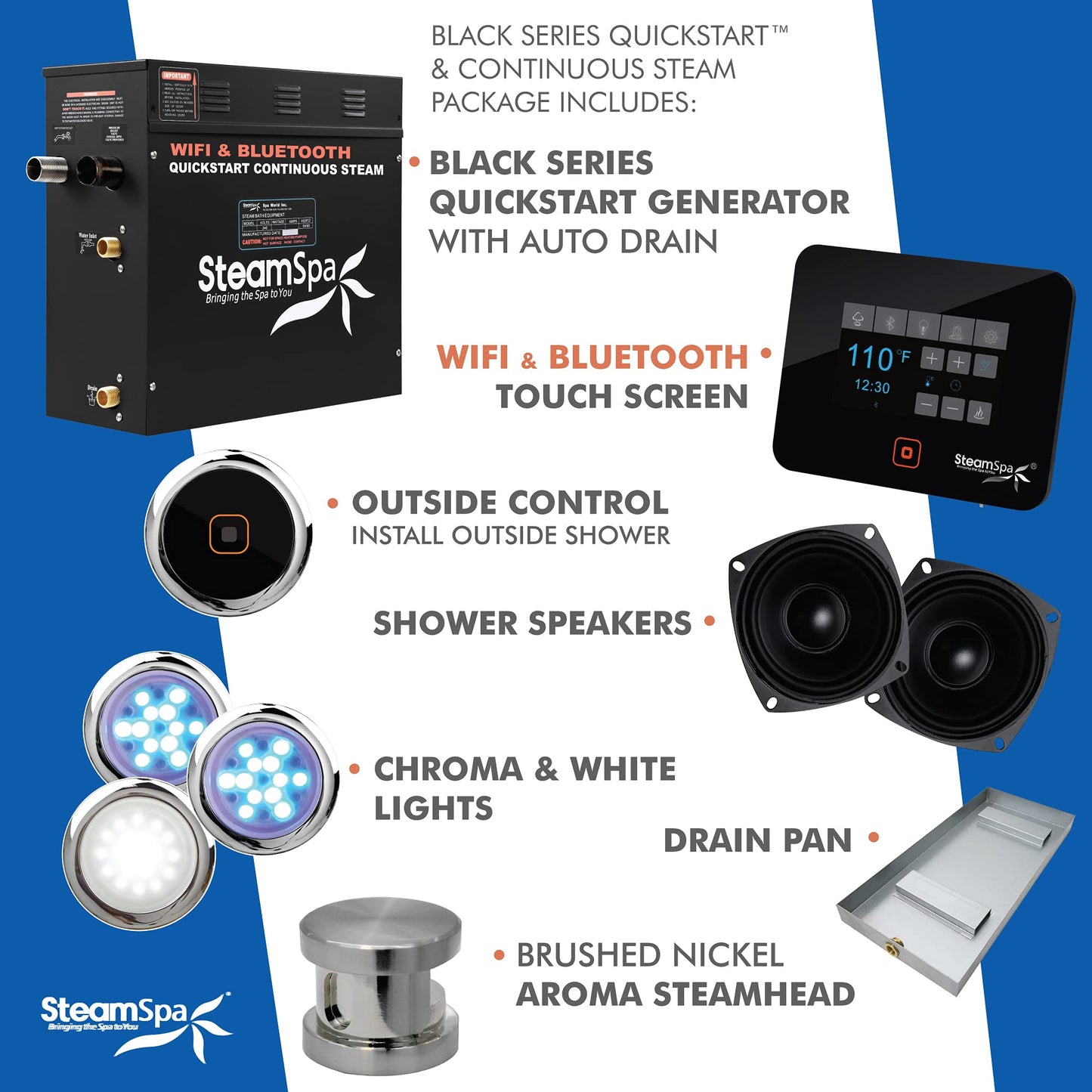 SteamSpa Generator with Quick Start Continuous Steam Technology, Wi-Fi, Bluetooth and Autodrain | 6kW Steam Generator with Brushed Nickel Steam Head with Aromatherapy Reservoir | FG-RVB600BN-A