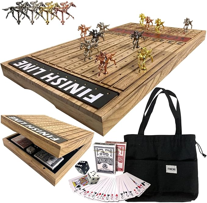 Horse Racing Game for Adults Foldable Horse Race Board Game with 11 Luxurious Metal Horses (Gold Silver Black Bronze) 24” Wood Horse Race Game Board Big Dice 2Card &amp Bag (Log1)