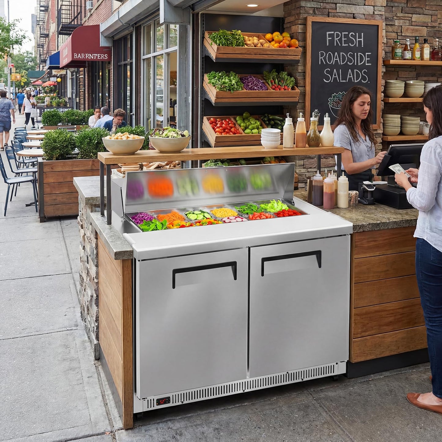 Tylza 48" Commercial Refrigerator, 12.7 Cu.Ft Sandwich Salad Prep Table, Mega Top Worktop Fridge w/ 12 Pans & Cutting Board, 2-Door Stainless Steel Salad Prep Cooler for Restaurant & Food Truck