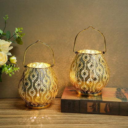 TRIROCKS Set of 2 Moroccan Decorative Lamps 8'' High Cordless Lamp Metal Table Lamps with Fairy Lights Bulb for Home Living Room Garden Yard Party Events Tabletop Indoor Outdoor(Gold)