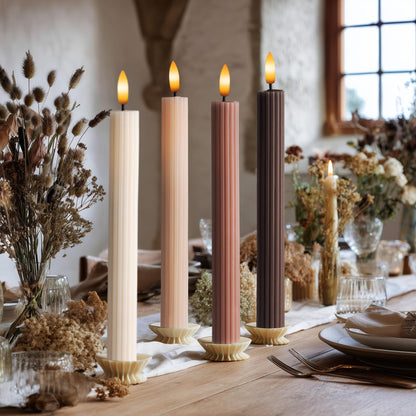 WYZworks Coordinated Chocolatey Mocha Brown 4 Pack, 10" Real Wax LED Flameless Fluted Ribbed Grooved Taper Candles, Remote & Timer Memory, On/Off Button, Dimmable, Battery Operated, Menorah Wedding