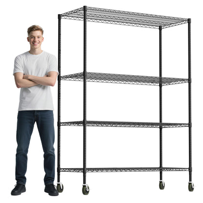 Whitmor 4 Tier Storage Shelves with Wheels, Heavy Duty Metal Shelving Unit, 625 lbs Capacity per Shelf, 2500 lbs Total for Kitchen, Garage, Plant, 55" L x 24" W x 72" H, Black