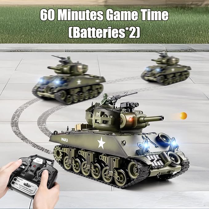 1/18 RC Tank 2.4G US M4A3 Sherman Remote Control Tank That Shoot BBS with Smoke Sound and Lights 165ft Remote Control Army Model Toy Military All-Terrain Vehicle for Kids &amp Adults