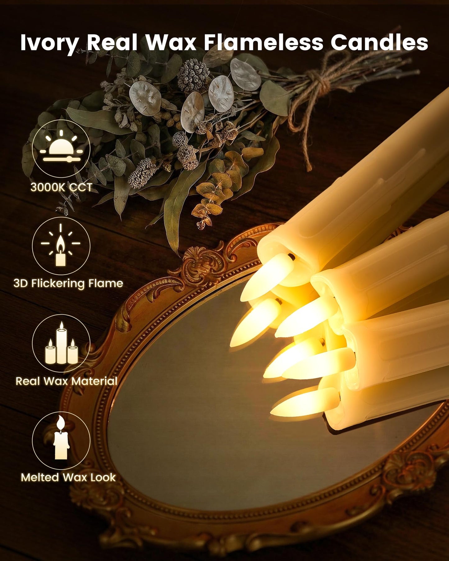 otnofok Flameless Taper Candles Real Wax with Remote, 9.6" x 0.78" LED Candlesticks Battery Operated, 3000K CCT for Wedding, Christmas, Dinner Table Centerpieces, 6 Pack, Ivory Melted Wax Look