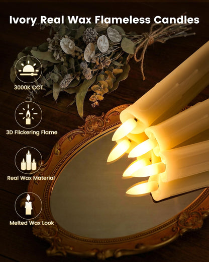 otnofok Flameless Taper Candles Real Wax with Remote, 9.6" x 0.78" LED Candlesticks Battery Operated, 3000K CCT for Wedding, Christmas, Dinner Table Centerpieces, 6 Pack, Ivory Melted Wax Look