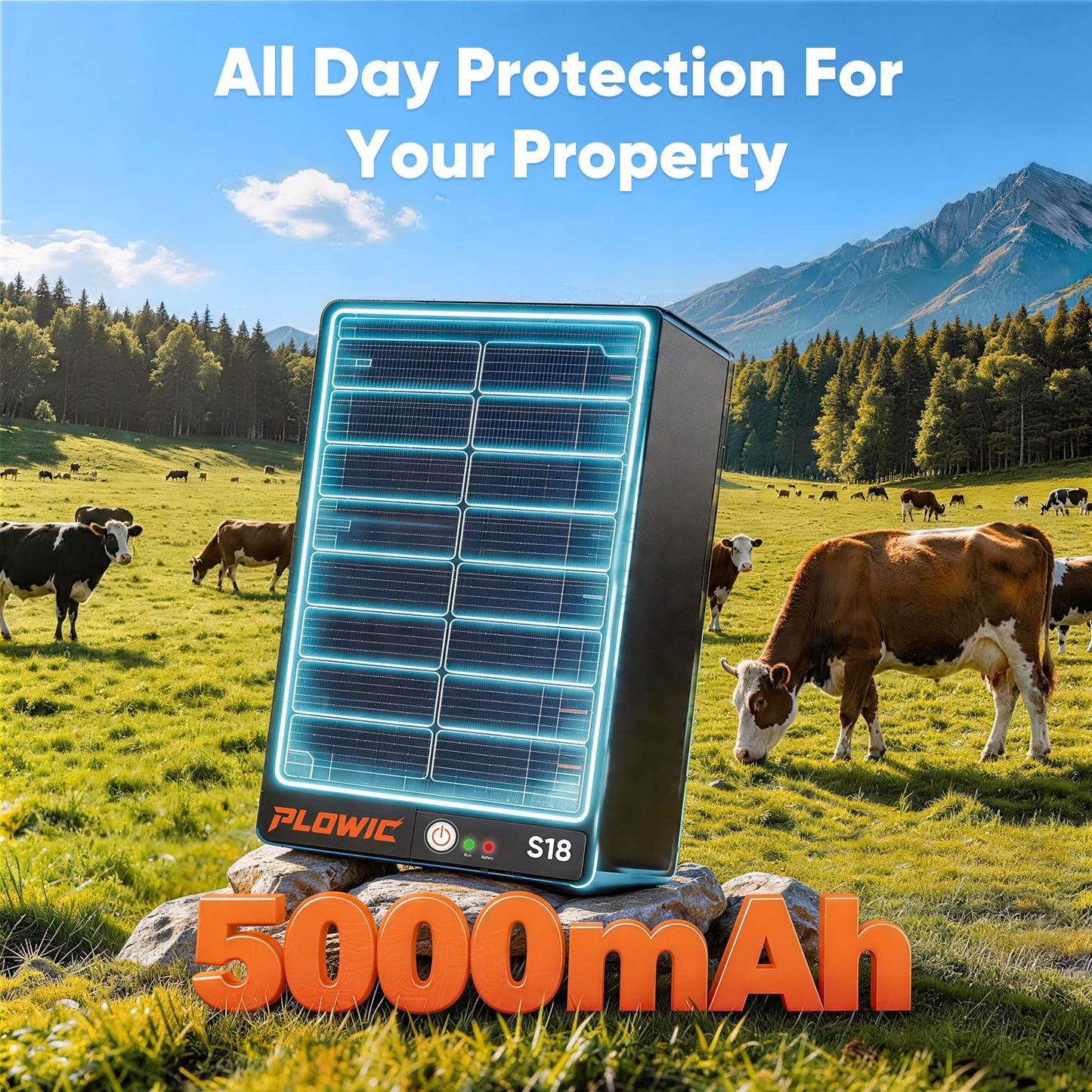 Solar Electric Fence Charger for Livestock: 0.2J 10 Miles Electric Fence Energizer with Rechargeable Battery, Portable Powered Electric Fence for Horses Cattle Sheep Protection