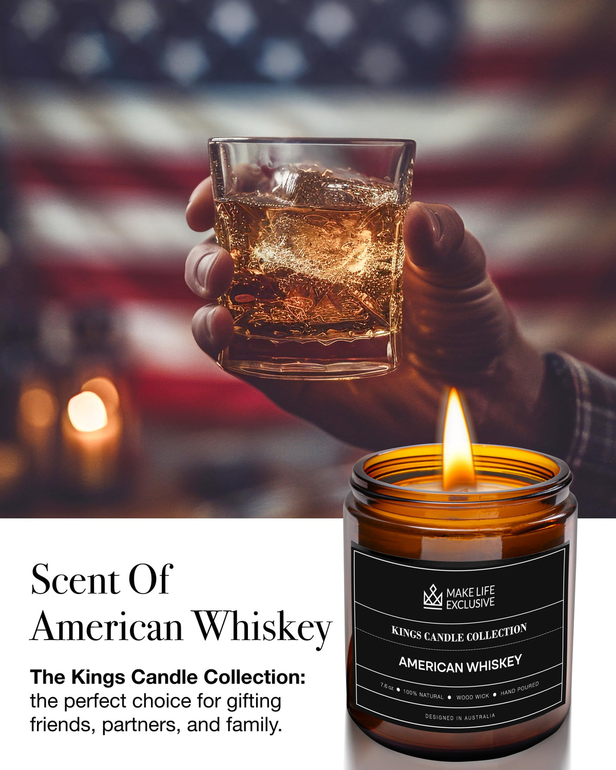 Scented Candles for Men | Whiskey Scented | Wooden Wick, Long Lasting, Masculine Scents | Natural Soy Jar Candle for Home, Bacehlor Pad Decor | The Perfect Mens Gift
