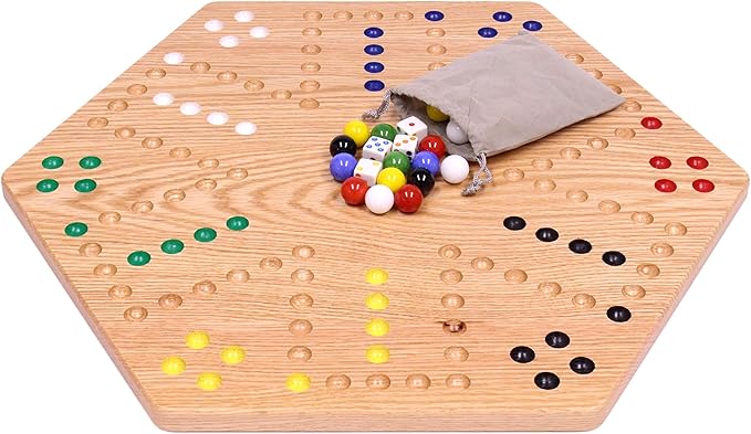 AmishToyBox.com Wahoo Marble Game Board Set - 20 Wide - Solid Oak Wood - Double-sided - with Large 18mm Marbles and Dice Included