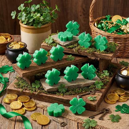 Lyrow 16 Pcs St. Patrick's Day Shamrock Candles 2 Inch Mini Clover Burning Candles Soy Wax for St. Patrick's Irish Day Decorations Home Table Centerpiece Decor