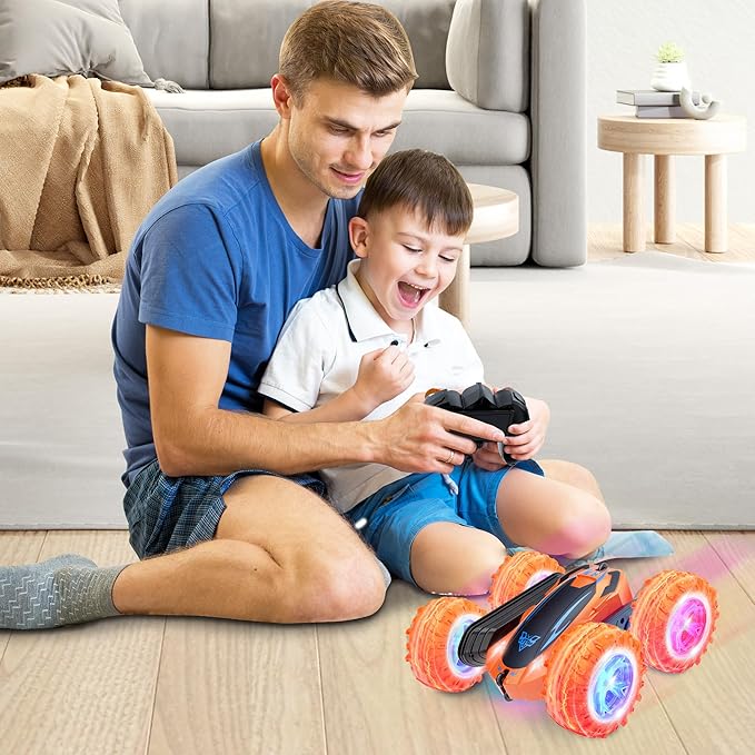 Remote Control Car 2.4GHz Electric Race Stunt Car Double Sided 360° Rolling Rotating Rotation LED Headlights RC 4WD High Speed Off Road Gift for 3 4 5 6 7 8-12 Year Old Boy Toys (Orange)