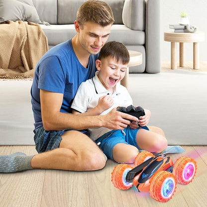 Remote Control Car 2.4GHz Electric Race Stunt Car Double Sided 360° Rolling Rotating Rotation LED Headlights RC 4WD High Speed Off Road Gift for 3 4 5 6 7 8-12 Year Old Boy Toys (Orange)