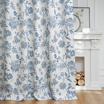 jinchan Blackout Floral Curtains for Bedroom, 84 Inches Long Printed Flower Black Out Curtains, French Country Back Tab Blue Window Treatment Farmhouse Drapes Set 2 Panels Blue