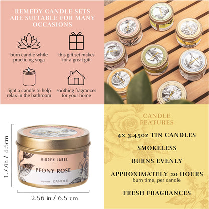 Hidden Label Scented Candles Gifts for Women, Remedy Collection Small Soy Candles 4pack 3.45oz Travel Tin, Gifts for Birthday Valentines Day Mothers Day Christmas(Set1)